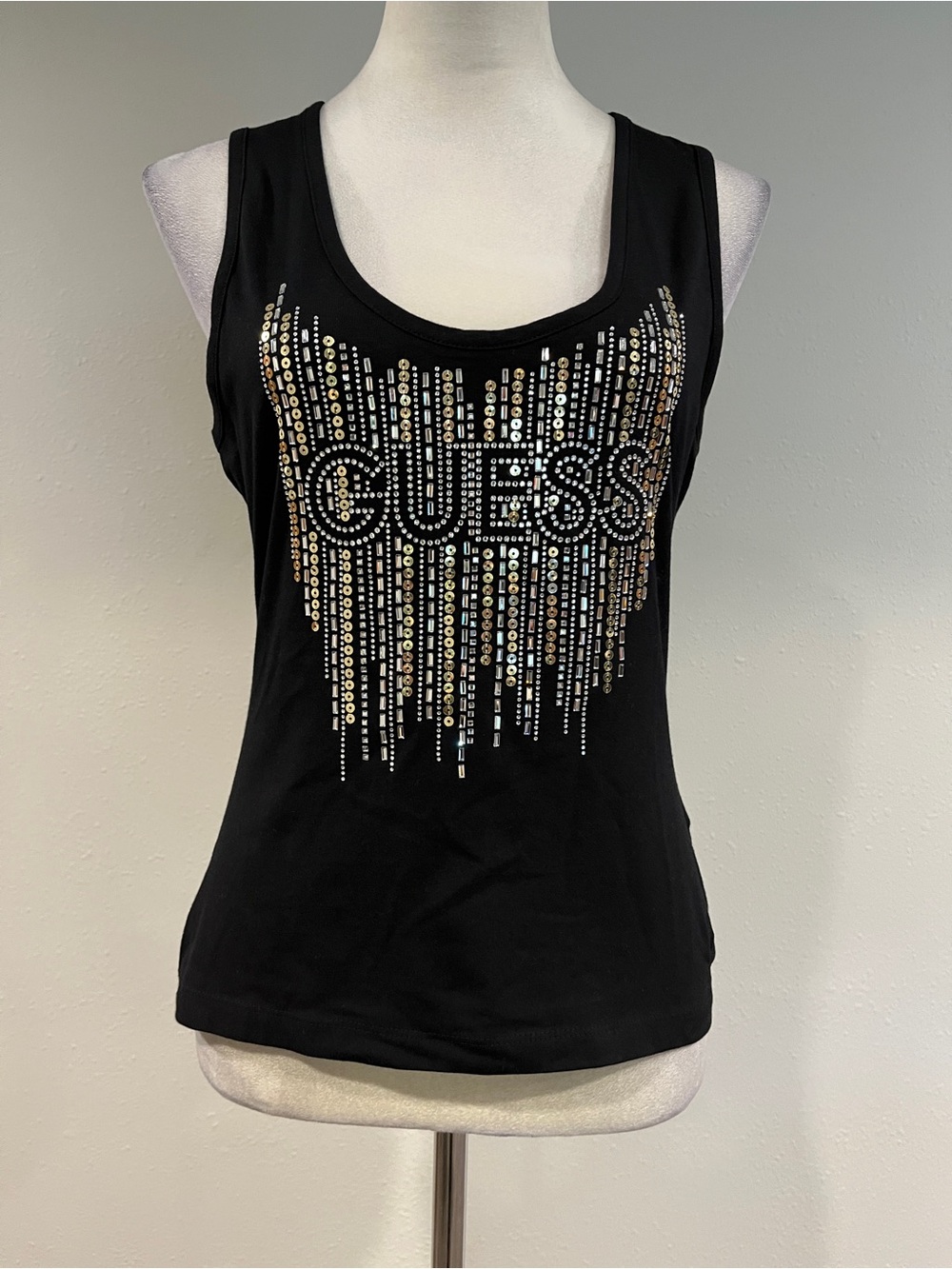 GUESS Black Tank Top with Gold & Silver Sequin Logo size medium